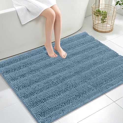 OLANLY Thick Large Bathroom Rugs 40x32, Soft Chenille Bath Rugs, Airy Blue