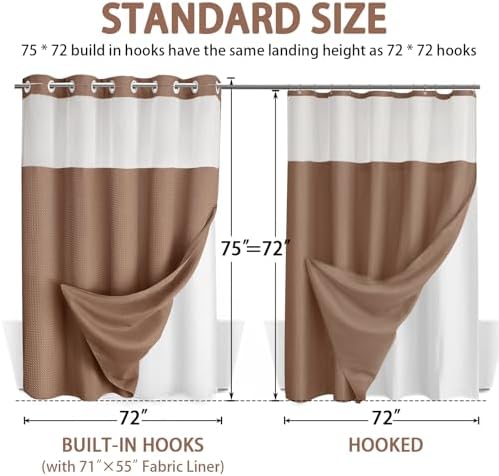 No Hook Shower Curtain with Liner Set Hotel Waffle Mocha Brown 72W X 75L