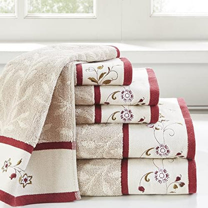 Madison Park Serene 100% Cotton Bath Towel Set Luxurious Floral Decorative Towels for Bathroom Embroidered Cotton Jacquard Design Soft Highly Absorbent for Shower 600 GSM, Multi-Sizes, Red 6 Piece