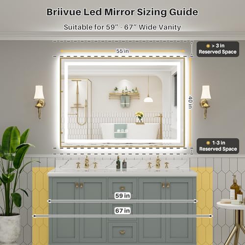 55x40 Inch LED Bathroom Mirror with Gold Frame, Backlit & Front Lit