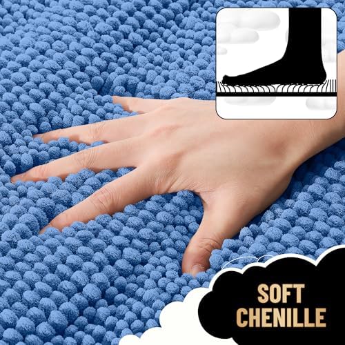 OLANLY Bathroom Runner Rugs 44x24, Soft Chenille Bath Rugs, Cornflower Blue