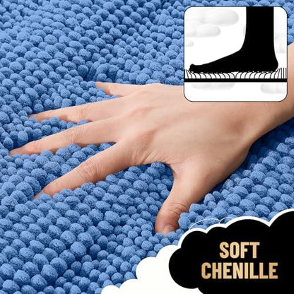 OLANLY Bathroom Runner Rugs 44x24, Soft Chenille Bath Rugs, Cornflower Blue