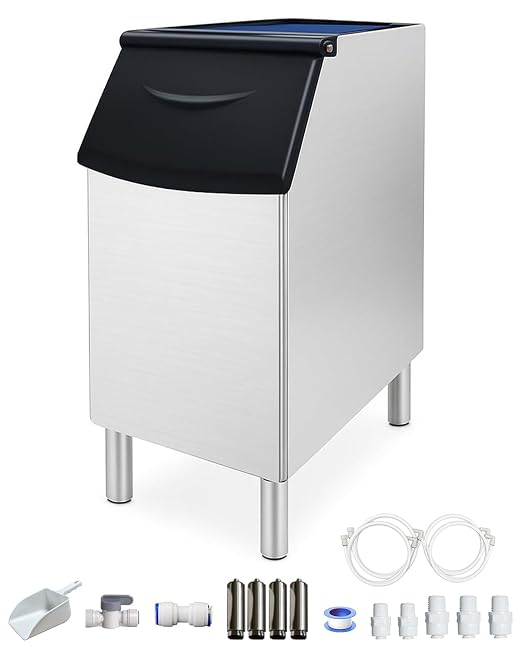 Commercial Ice Maker Storage Bin, 300lbs Capacity Ice-Bin, Stainless Steel Commercial Ice Storage Bin Filled with Foam Layer, Keep Frozen Over 12 Hours Suitable for Beverage Shops and Restaurant Hotel