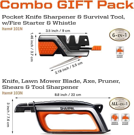 SHARPAL Pocket Knife Sharpener & Garden Tool Sharpener, Sharpening Straight and Serrated Knives, Lawn Mower Blade, Axe, Pruners, Shears, Scissors, Combo Gift Pack w/Greeting Card Fathers Day Gift