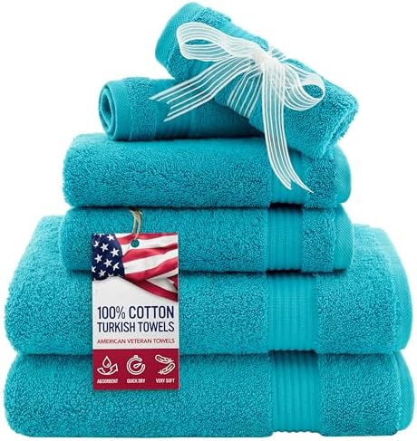 American Veteran Towel, 6 Piece Towel Set for Bathroom, 100% Cotton Turkish Bathroom Towels, 2 Bath Towels 2 Hand Towels 2 Washcloths, Aqua Blue