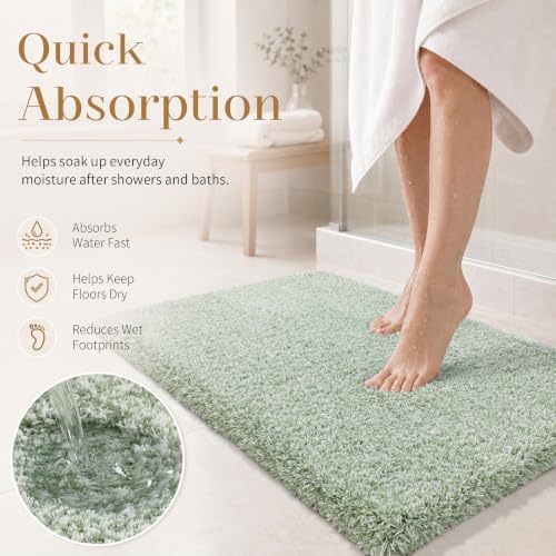 Yimobra Luxury Bathroom Rugs, Fluffy Bath Mats, Non Slip, Water Absorbent Microfiber, Machine Washable, Plush Runner Shower Rugs, Thick Matts for Bathroom Floor&Tub, 56" X 24", Light Green and White