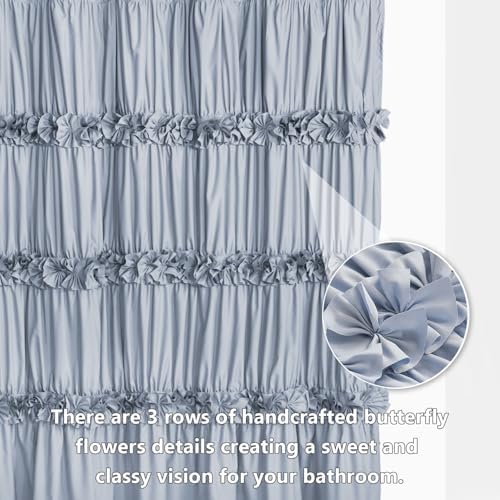 Homechoice Decor Fog Blue Ruffle Shower Curtain, Vintage Handcrafted Bow Tie Bath Curtain for Master Bathroom, Ruched Microfiber Bathroom Curtain with 12 Buttonholes, 72" W x 72" H (LQ-10)