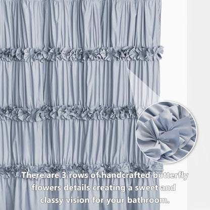 Homechoice Decor Fog Blue Ruffle Shower Curtain, Vintage Handcrafted Bow Tie Bath Curtain for Master Bathroom, Ruched Microfiber Bathroom Curtain with 12 Buttonholes, 72" W x 72" H (LQ-10)