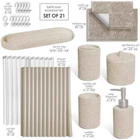Clara Clark Beige Bathroom Set - Bathroom Sets with Shower Curtain and Rugs, 21PC Bathroom Accessory Set, Shower Curtain Set with Soap Dispenser & Toothbrush Holder