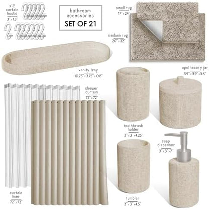 Clara Clark Beige Bathroom Set - Bathroom Sets with Shower Curtain and Rugs, 21PC Bathroom Accessory Set, Shower Curtain Set with Soap Dispenser & Toothbrush Holder