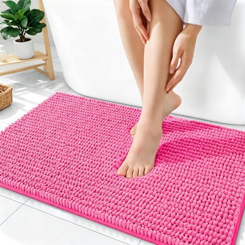 OLANLY Thick Chenille Absorbent Bathroom Rugs Mat 36x24, Hot Pink