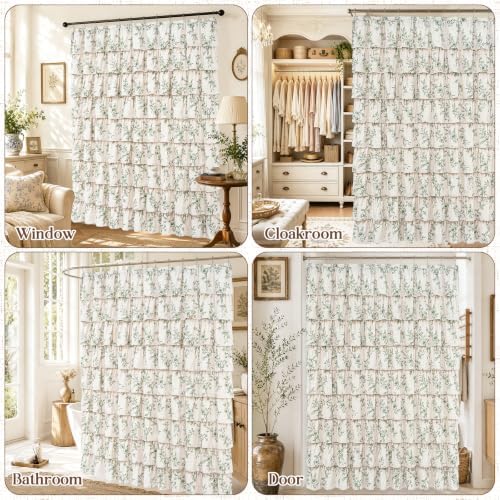 Extra Long Farmhouse Ruffle Shower Curtains with Green Floral, 72"Wx90"L