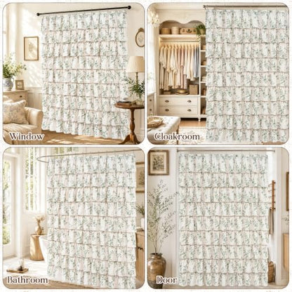 Yinhua Long Farmhouse Ruffle Shower Curtains with Green Floral, 72" Wx78 L