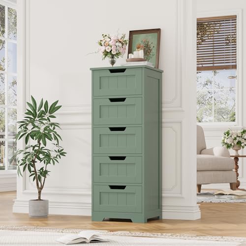 FOTOSOK Bathroom Cabinet, Bathroom Storage Cabinet with 5 Drawers, Green