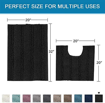 H.VERSAILTEX Bathroom Rugs Bath Rug Set 2 Piece Bathroom Contour Rug Toilet Mat Sets Non Slip Contour Bath Rug Set Ultra Thick Water Absorbent Striped Washable(20" x 32" Plus 20" x 20" U, Black)
