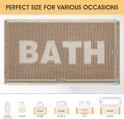 Waffle Bath Mat, Boho Woven Modern Bath Rug Absorbent Non Slip, Ultra Soft Bathroom Mat, Machine Washable Knit Bath Rugs with Bath Letter for Bathroom, Bedroom, Kitchen, Shower, 32"x20", Beige & White