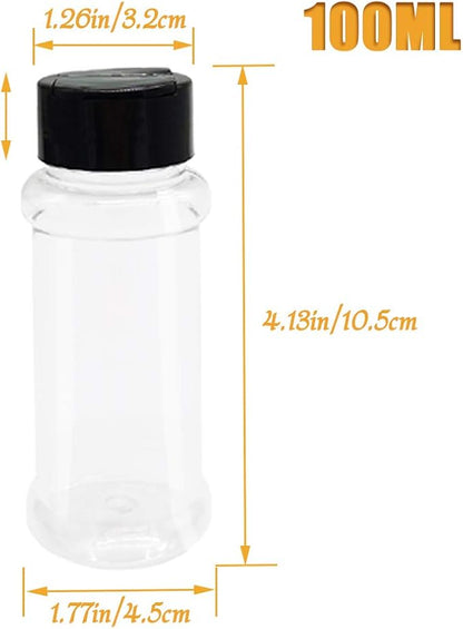 OJYUDD 16 Pack 3.4oz/100ml Plastic Spice Bottles Set,Empty Seasoning Containers with Black Cap,Clear Reusable Containers Jars for Spice,Herbs,Powders,Glitters
