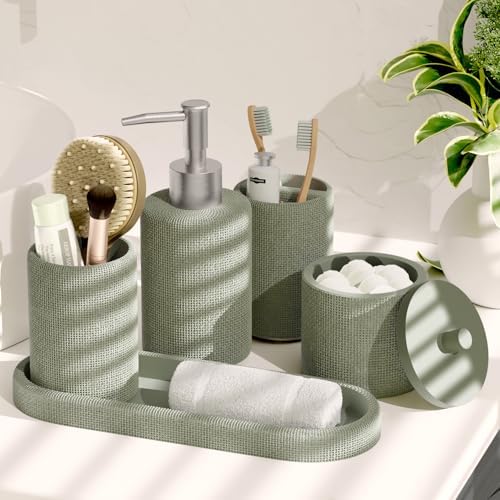 Clara Clark Bathroom Set - Sage Green Bathroom Accessories Set, 5PC Bathroom Accessory Set, Bathroom Sets with Soap Dispenser, Toothbrush Holder, Tumbler, Cotton Swab Jar & Vanity Tray