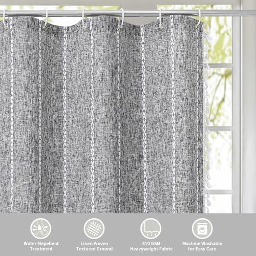 Boho Tassel Linen Shower Curtain,3D Embroidery Stripe Charcoal Grey,72x84