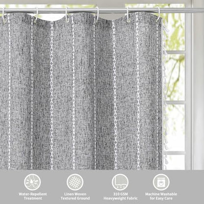 Boho Tassel Linen Shower Curtain,3D Embroidery Stripe Charcoal Grey,72x84