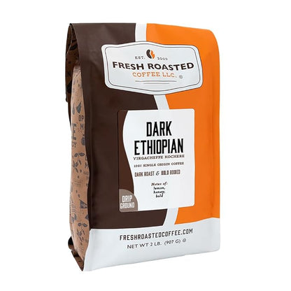 Fresh Roasted Coffee, Dark Ethiopian Yirgacheffe Kochere, 2 lb (32 oz), Dark Roast, Ground