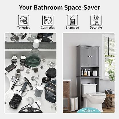 Shintenchi Over the Toilet Storage Cabinet, Bathroom Shelf Organizer with Anti-Tip Device Small Freestanding Space Saver with Adjustable Shelf, Gray