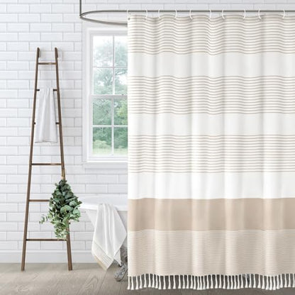 Beige Boho Cotton Striped Shower Curtain with Tassel 60" W X 72" L