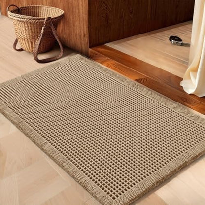 IM HOME Waffle Bath Mat Beige 36"x24", Boho Woven Modern Bath Mat Rugs, Absorbent Non Slip Bathroom Rugs, Soft Washable Bath Rugs with Tassels for Bathroom, Bedroom, Kitchen, Shower, Tub