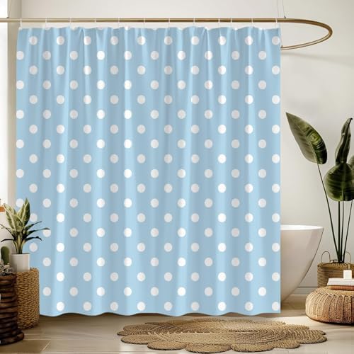 Polka Dot Shower Curtain Light Blue White Retro Spot Vintage Fabric Decorative Bathroom Curtains with Hooks,60" Wx70 H