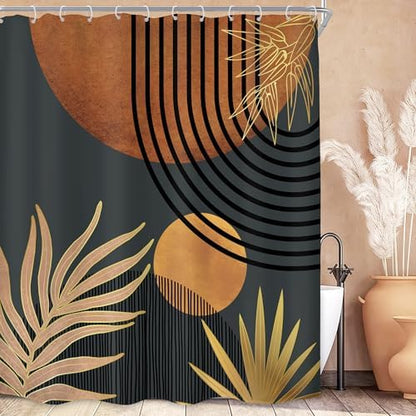 Mid Century Brown Black Boho Abstract Modern Bathroom Shower Curtain Set