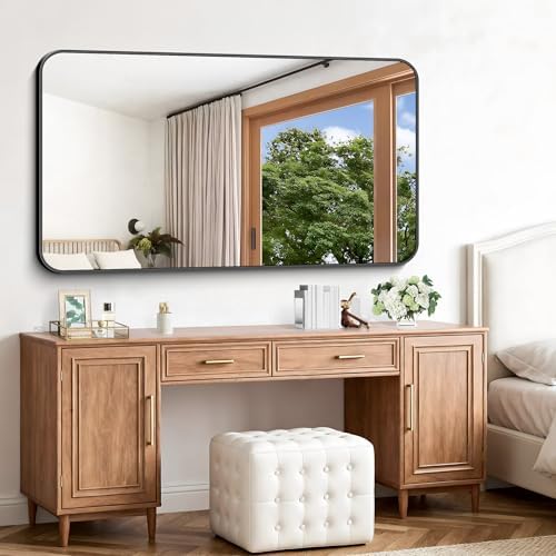 Black Bathroom Mirror, 66x36 inch Aluminum Metal Frame Rectangular Vanity Mirror, Large Wall Mounted Rectangle Mirrors with Rounded Corner for Over Sink Bedroom Living Room Horizontal/Vertical