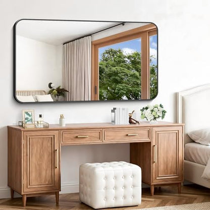 Black Bathroom Mirror, 66x36 inch Aluminum Metal Frame Rectangular Vanity Mirror, Large Wall Mounted Rectangle Mirrors with Rounded Corner for Over Sink Bedroom Living Room Horizontal/Vertical
