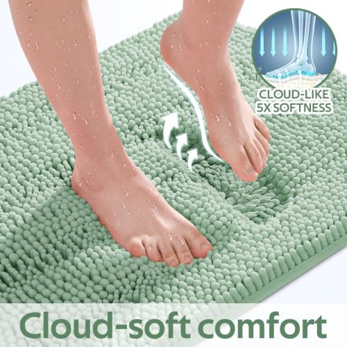 ACCUMTEK Tauso Striped Sage Green Bathroom Rug Set 3 Pieces Ultra Soft, Non Slip Chenille Toilet Mat, Absorbent Plush Shaggy Bath Mats for Bathroom, Bedroom, Kitchen