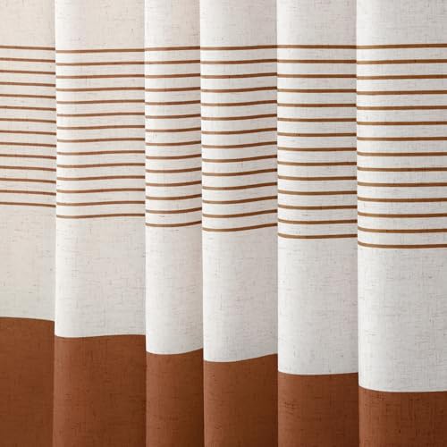 Fall Orange Boho Linen Striped Shower Curtain with Tassel 72"W X 72"L
