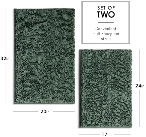 Hearth & Harbor Bathroom Rugs, Chenille Bath Mat - Machine Washable Bath Mats for Bathroom Non-Slip Backing Rubber, Quick Dry Bathroom Mat, 17 x 24 + 20 x 32 - Hunter Green