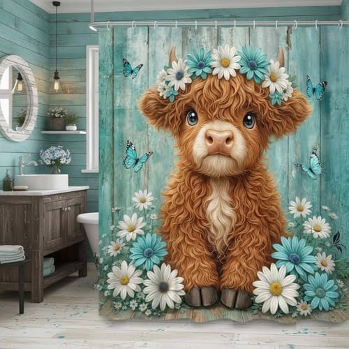 Cute Cow Shower Curtain, Farmhouse Rustic Teal Floral Daisy Highland Cow Shower Curtains for Bathroom, Calf Country Farm Animal Garden Plant Fabric Bathroom Decor with Hooks, 70x72 inch