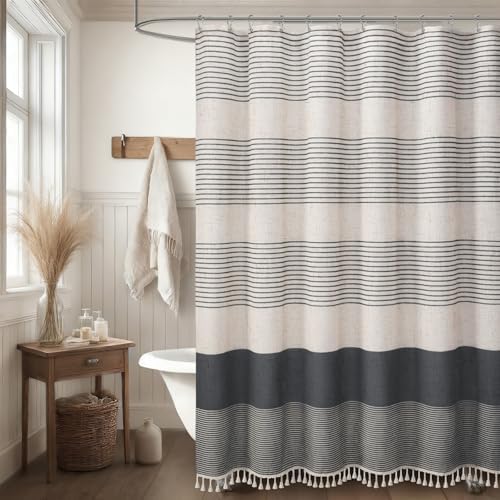 Dark Grey Boho Linen Striped Shower Curtain with Tassel 72"W X 72"L
