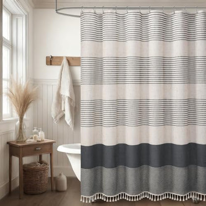 Dark Grey Boho Linen Striped Shower Curtain with Tassel 72"W X 72"L
