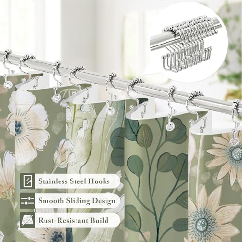 3 in 1 Green Floral Shower Curtain Set with PEVA Liner & 12 Hooks, 72 x 78