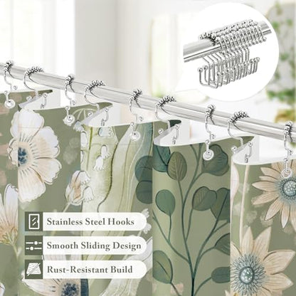 3 in 1 Green Floral Shower Curtain Set with PEVA Liner & 12 Hooks, 72 x 78