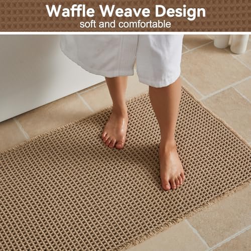 Triohero Waffle Bath Mat, Small Boho Bathroom Rugs Non Slip, 16x24 Khaki