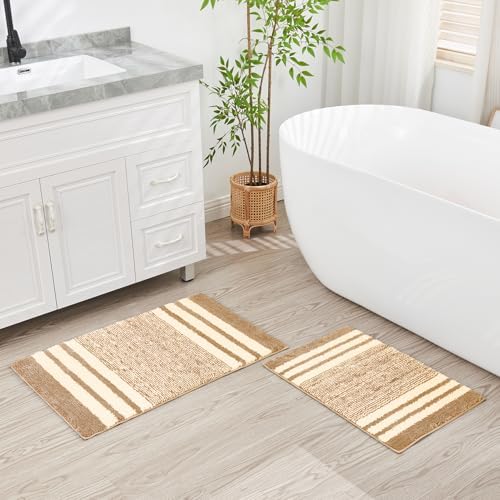 CozeCube Beige Striped 36"x24" Non Slip Washable Bath Mat