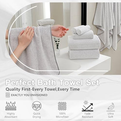 8-Piece Premium Towel Set for Bathroom|2 Oversized Large Bath Sheet,2 Hand Towels,4 Washcloths|Soft Cozy Highly Absorbent Fast Dry Microfiber Shower Towel Set for Hotel Bathroom Essentials,Beige White