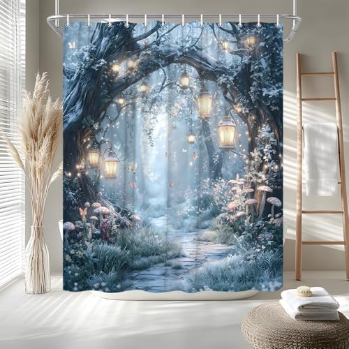 Fantasy Forest Path Shower Curtain Winter Fairy Magical Enchanted Misty Jungle Mushroom Floral Tree Butterfly Lantern Wonderland Bath Curtain Fabric Bathroom Accessories Decor with Hooks 70W x80L