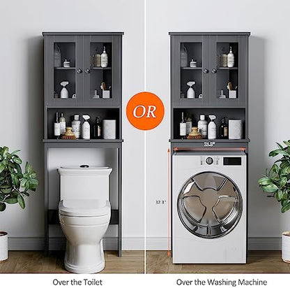 Over the Toilet Storage Cabinet, Bathroom Storage Cabinet Over Toilet, Space Saver with 2 Tempered Glass Doors, Grey