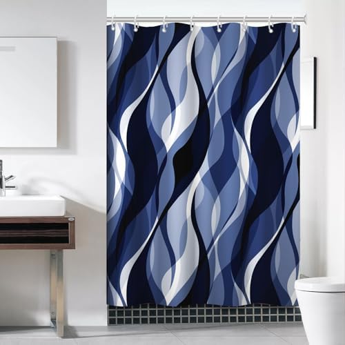 Navy Blue Striped Stall Shower Curtain with Hooks, 48x72 Inch