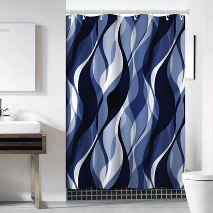 Navy Blue Striped Shower Curtain with Hooks for Bathroom 60x72 Inch