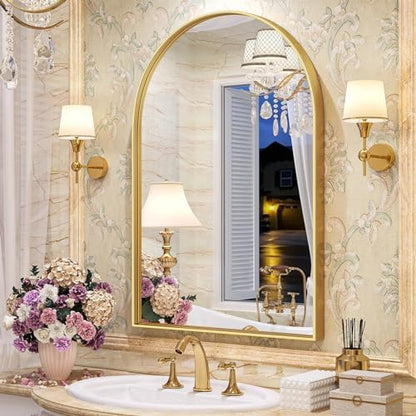 Brightify Gold Arched Mirror, 24 x 32 Inch Arch Wall Mirror, Brass Metal Frame Bathroom Mirror, Arched Top Bathroom Vanity Mirror for Living Room Bedroom Mantel Entryway Hallways