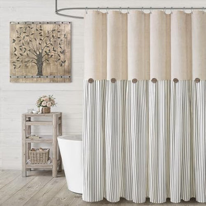 Farmhouse Shower Curtain Linen Button Grey Stripe 72" W x 72" L