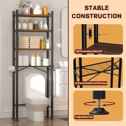 GloTika 4-Tier Over Toilet Storage, Anti-Tilt, 69.3" H, Brown
